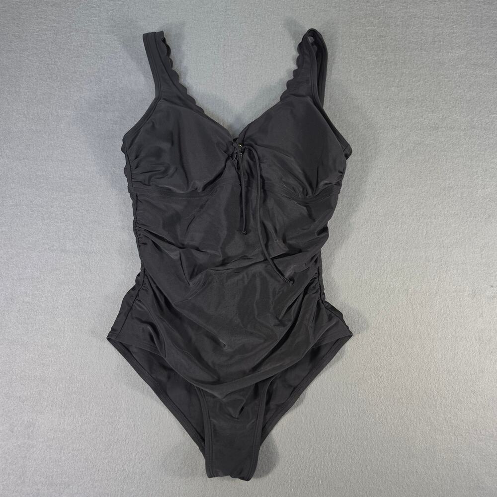 Kona Sol Swimsuit Womens Medium Black One Piece Ruched Scalloped Tie Front